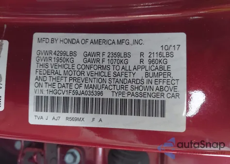 2018 Honda Accord Ex-L from USA, damaged, VIN 1HGCV1F59JA035396